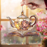 Teapot and Book Acrylic Suncatcher, Rose Floral Window Decor, Stained Glass Style Tea Lover Gift for Cozy Reading Home
